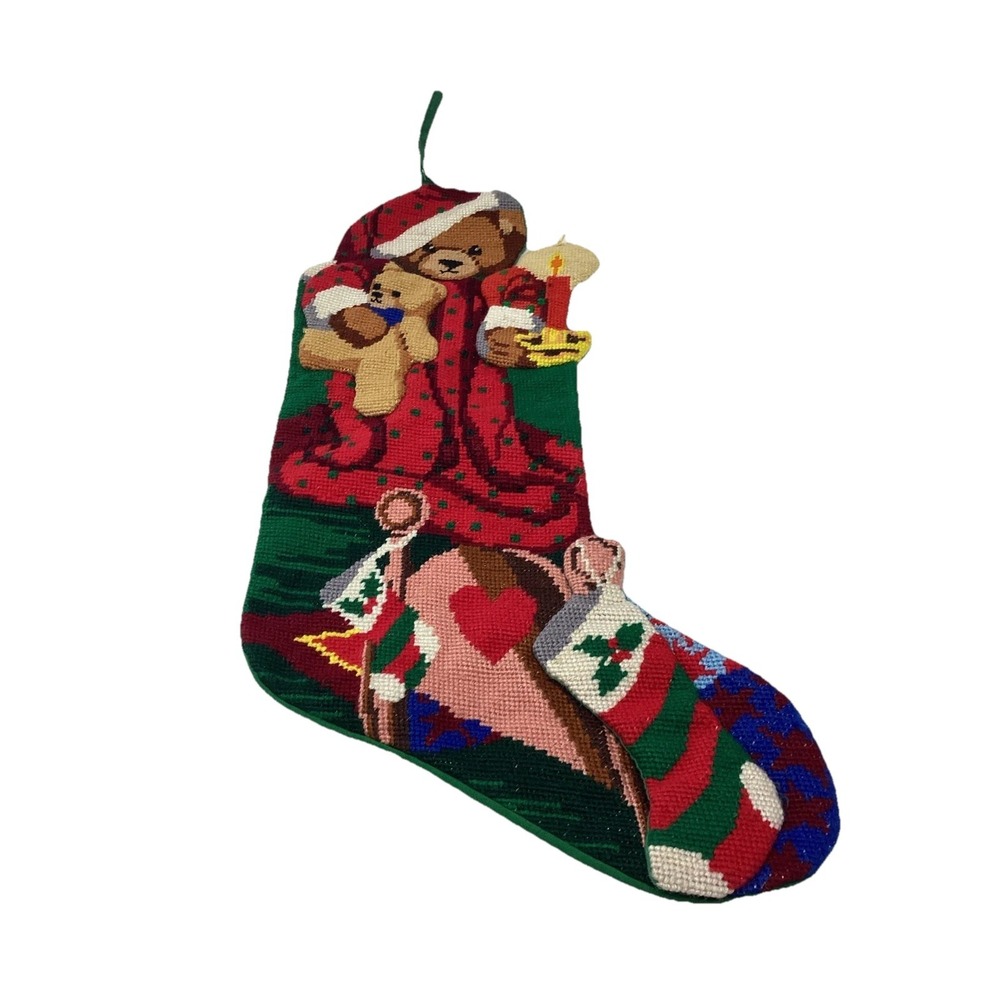 Vintage Wool Needlepoint Christmas Stocking Santa Teddy Bear 20" With Appliqué